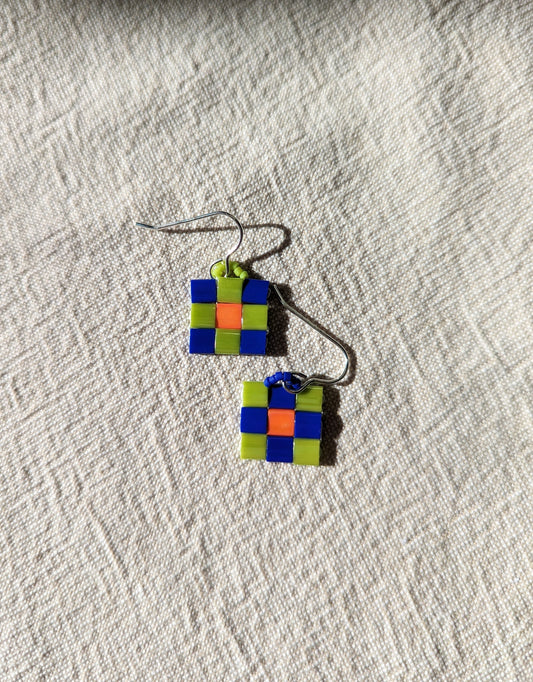Pixel Earrings | Mini | Cobalt  Chartreuse + Orange